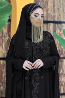 Tesettür giyim SİYAH İŞLEMELİ TÜLLÜ İKİLİ FERACE TAKIM T 6773 