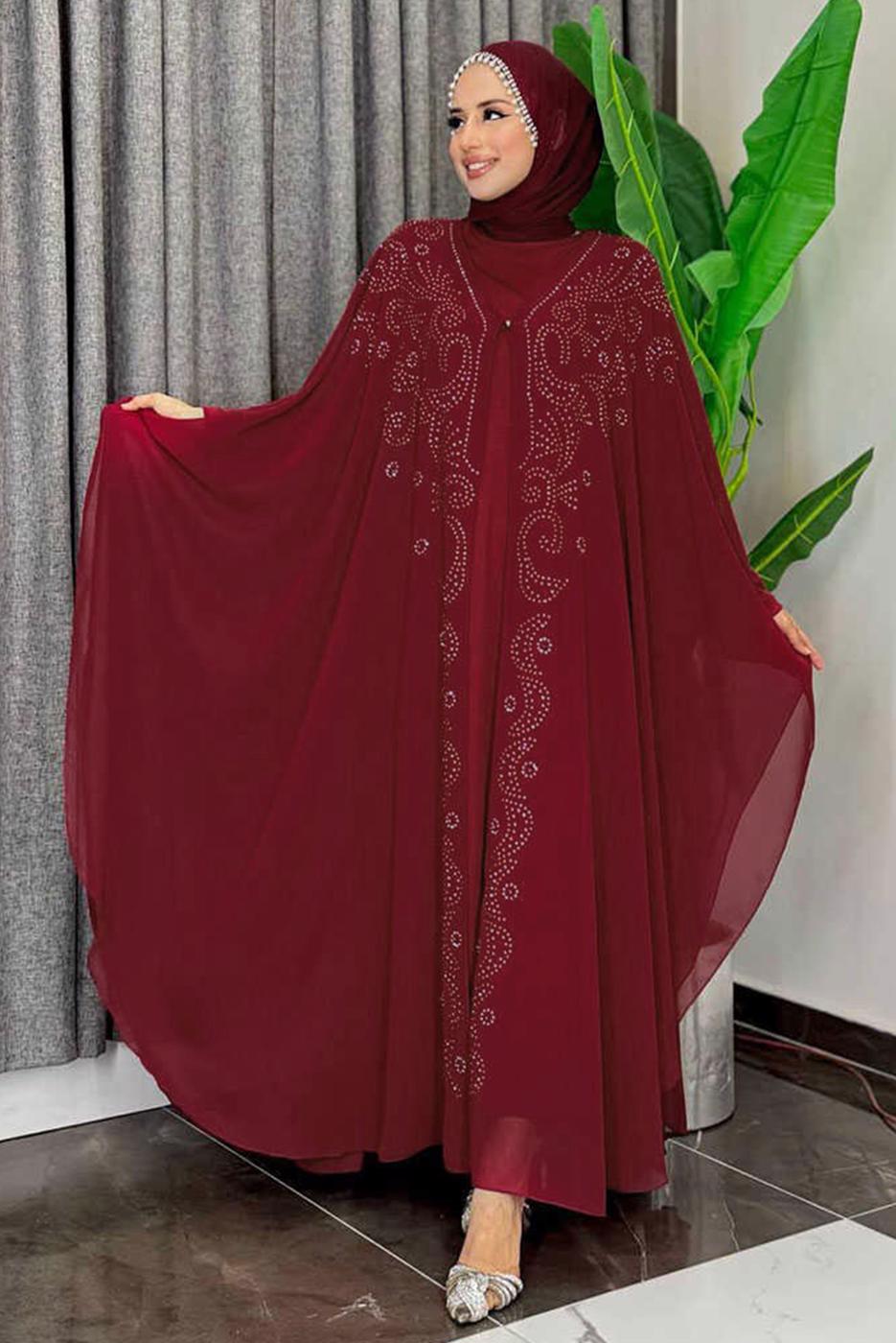 Hijab clothing CLARET RED EMBROIDERED 2-PIECE DRESS SUIT WITH TULLE T 6773