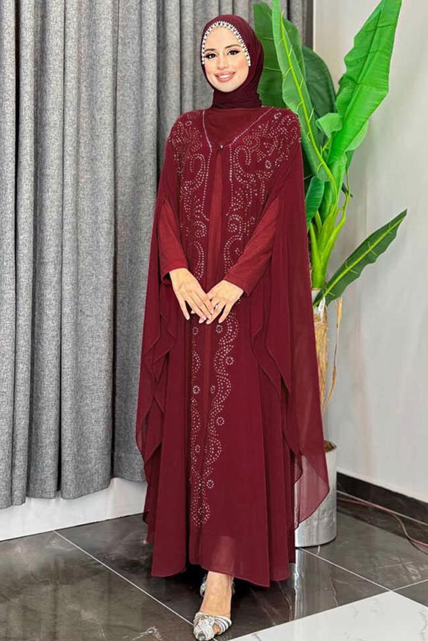 Tesettür giyim BORDO İŞLEMELİ TÜLLÜ İKİLİ FERACE TAKIM T 6773  - TRENDTESETTÜR