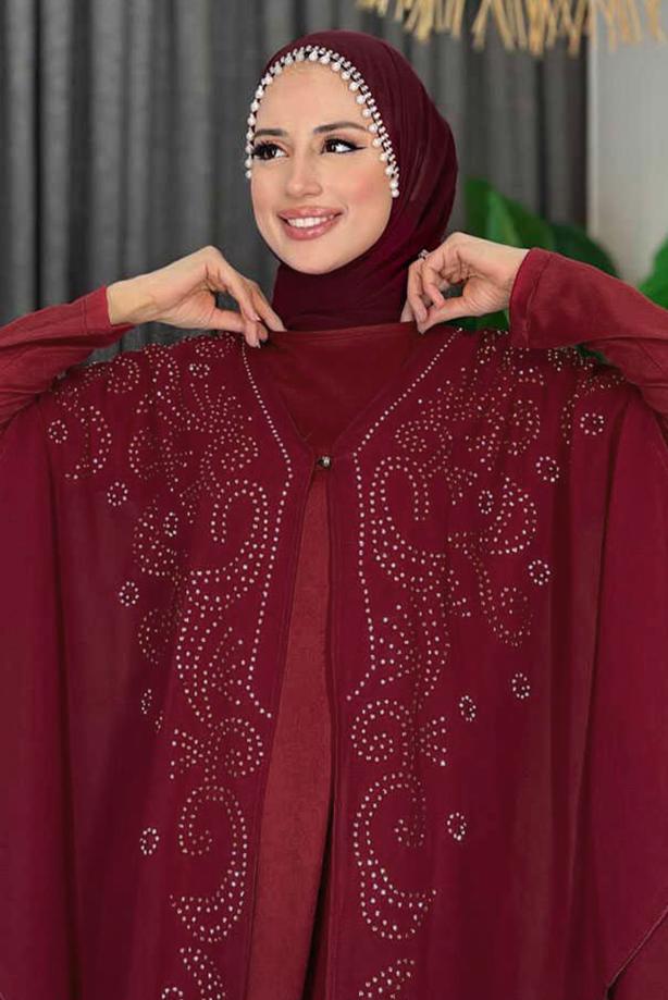 Tesettür giyim BORDO İŞLEMELİ TÜLLÜ İKİLİ FERACE TAKIM T 6773  - TRENDTESETTÜR