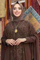 Tesettür giyim KAHVE İŞLEMELİ TÜLLÜ İKİLİ FERACE TAKIM T 6773 