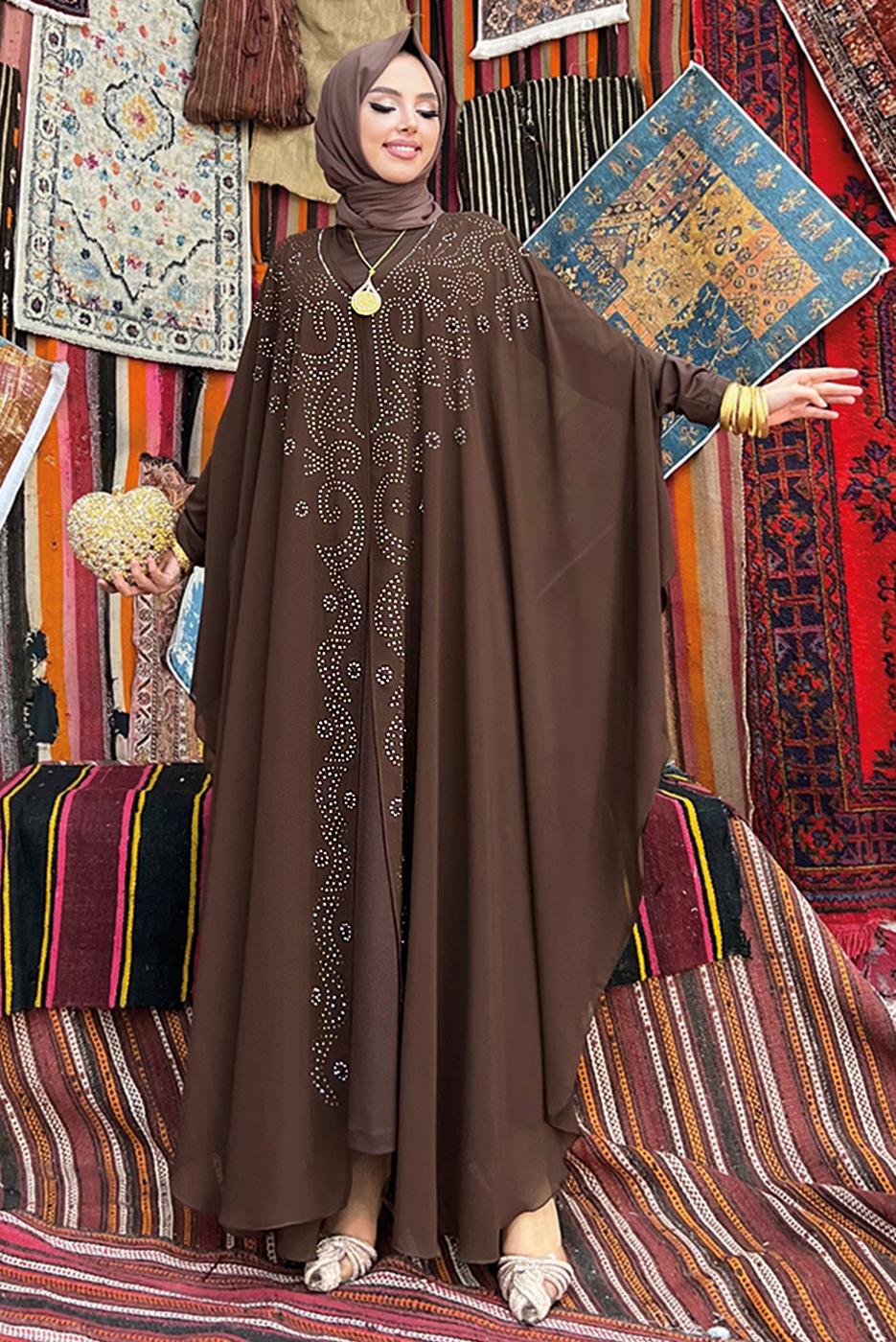 Tesettür giyim KAHVE İŞLEMELİ TÜLLÜ İKİLİ FERACE TAKIM T 6773 