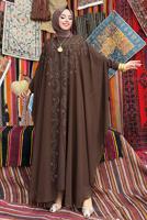 Tesettür giyim KAHVE İŞLEMELİ TÜLLÜ İKİLİ FERACE TAKIM T 6773 