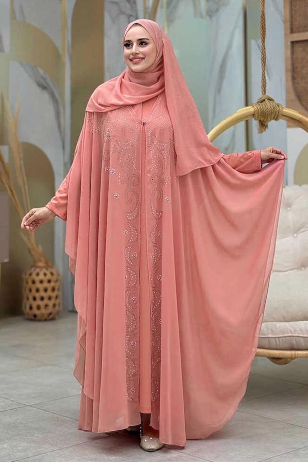 Tesettür giyim PUDRA İŞLEMELİ TÜLLÜ İKİLİ FERACE TAKIM T 6773  - TRENDTESETTÜR