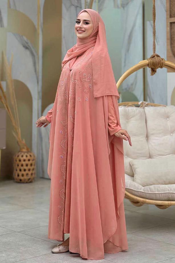 Tesettür giyim PUDRA İŞLEMELİ TÜLLÜ İKİLİ FERACE TAKIM T 6773  - TRENDTESETTÜR