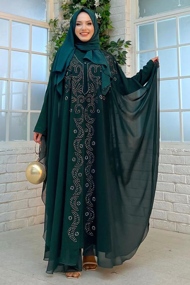 Tesettür giyim YEŞİL İŞLEMELİ TÜLLÜ İKİLİ FERACE TAKIM T 6773  - TRENDTESETTÜR