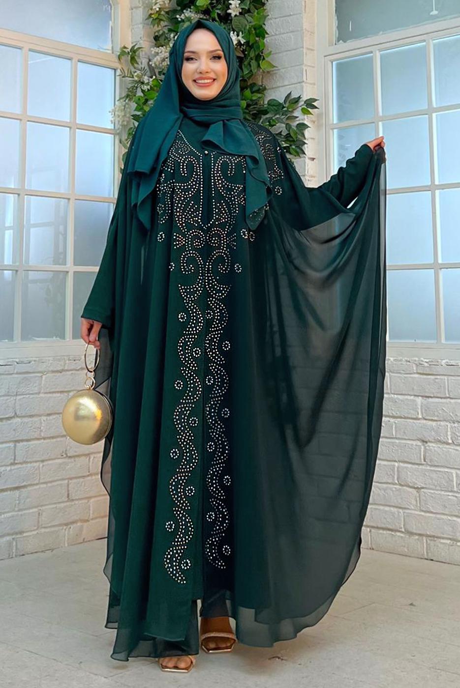 Tesettür giyim YEŞİL İŞLEMELİ TÜLLÜ İKİLİ FERACE TAKIM T 6773