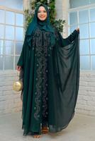 Tesettür giyim YEŞİL İŞLEMELİ TÜLLÜ İKİLİ FERACE TAKIM T 6773