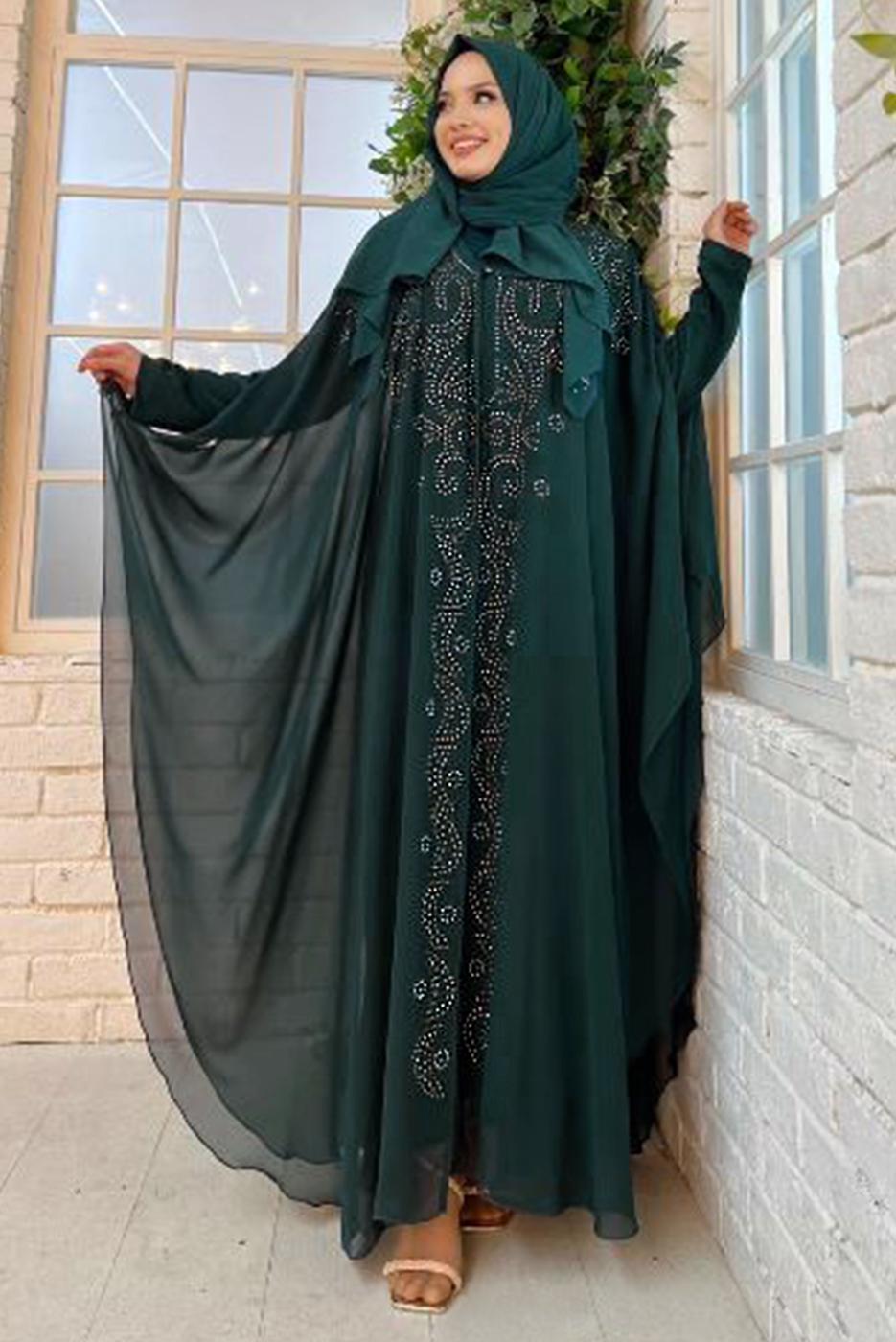 Tesettür giyim YEŞİL İŞLEMELİ TÜLLÜ İKİLİ FERACE TAKIM T 6773