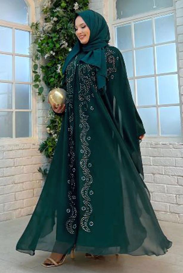 Tesettür giyim YEŞİL İŞLEMELİ TÜLLÜ İKİLİ FERACE TAKIM T 6773  - TRENDTESETTÜR