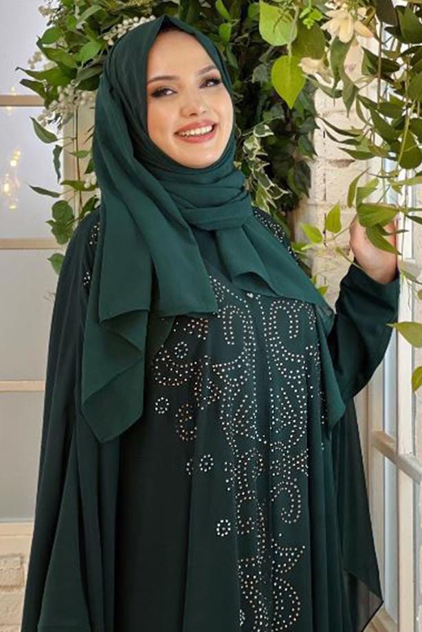 Tesettür giyim YEŞİL İŞLEMELİ TÜLLÜ İKİLİ FERACE TAKIM T 6773  - TRENDTESETTÜR