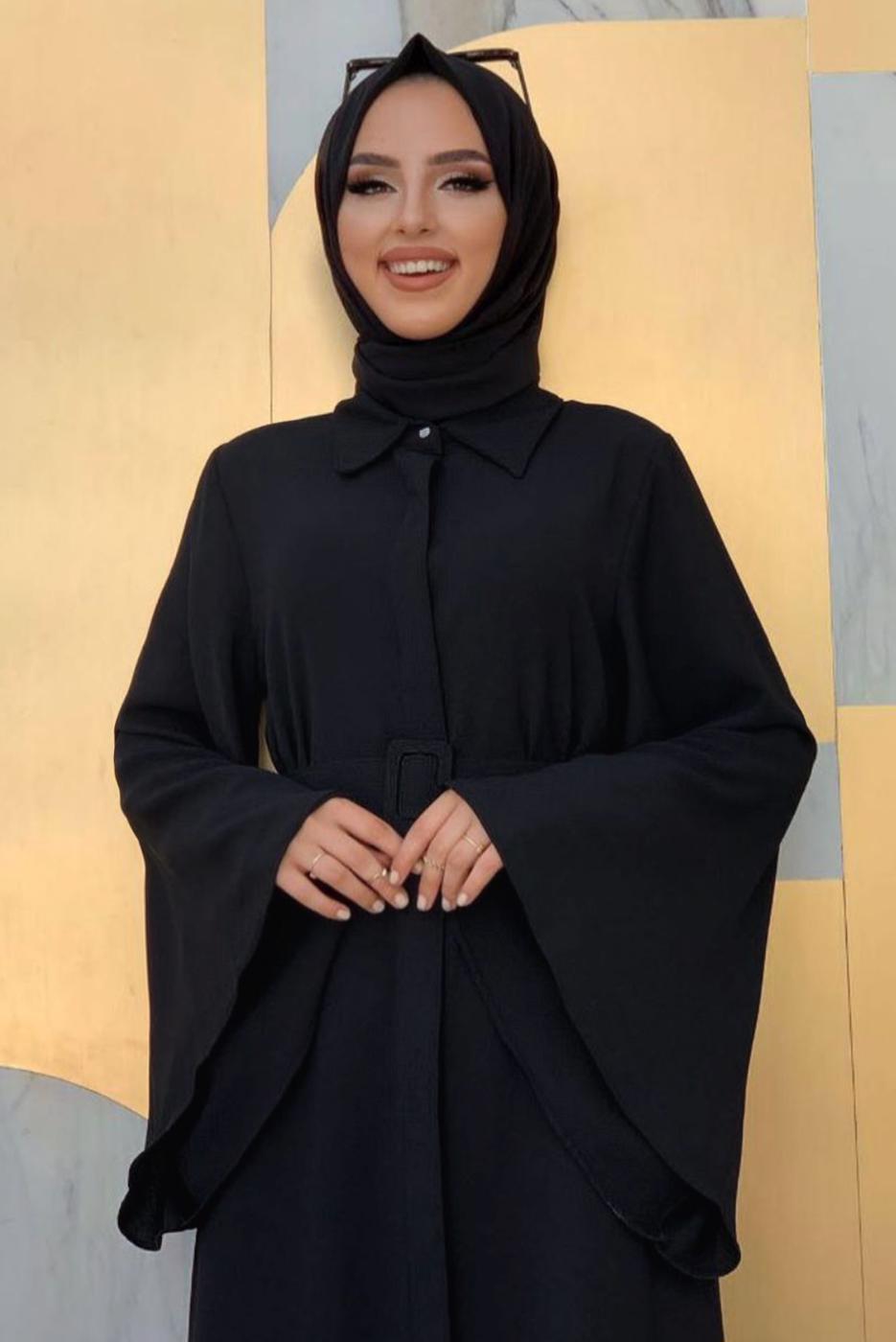 Tesettür giyim SİYAH GENİŞ KOL KEMERLİ DÜZ FERACE T 9867