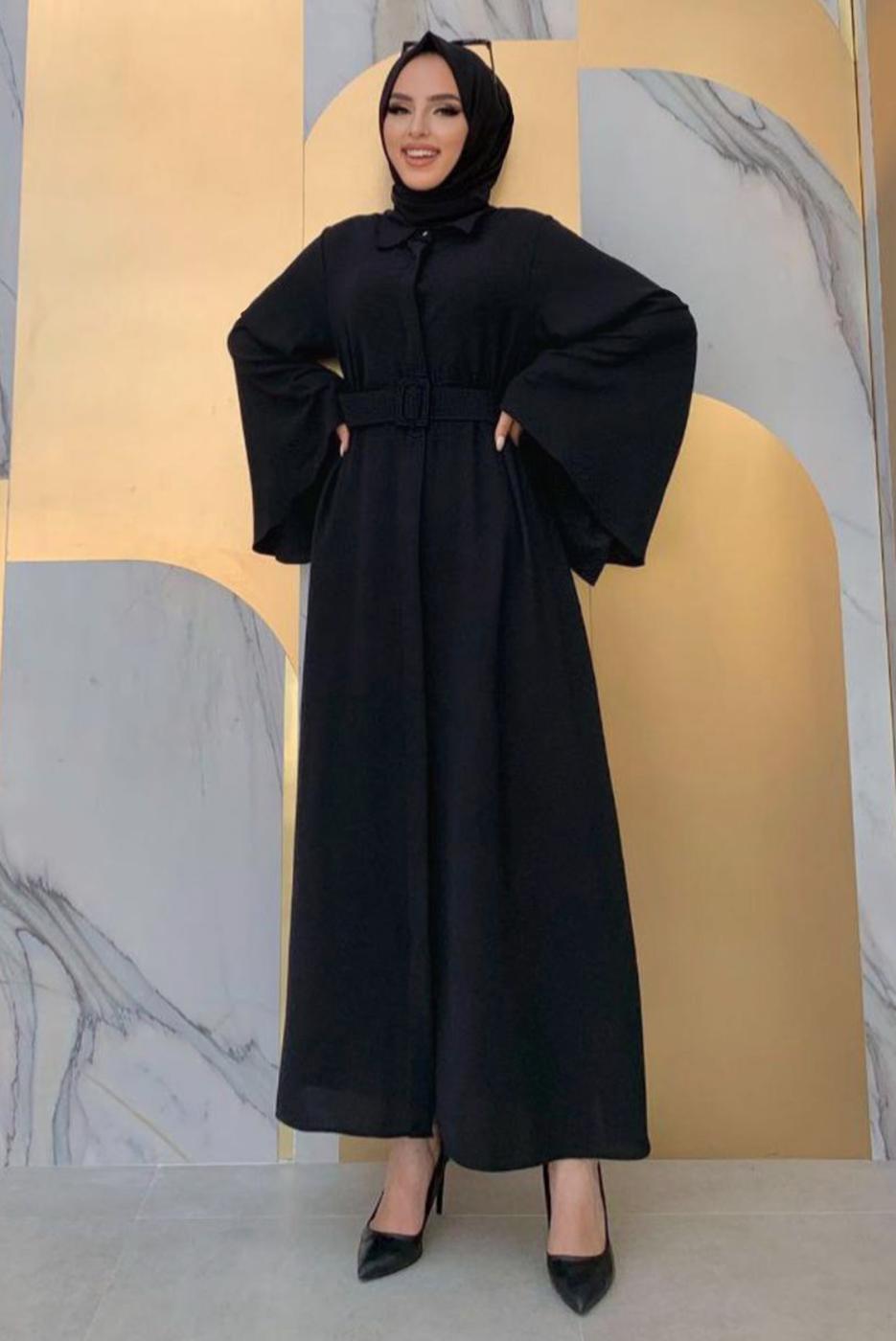 Tesettür giyim SİYAH GENİŞ KOL KEMERLİ DÜZ FERACE T 9867