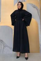 Tesettür giyim SİYAH GENİŞ KOL KEMERLİ DÜZ FERACE T 9867