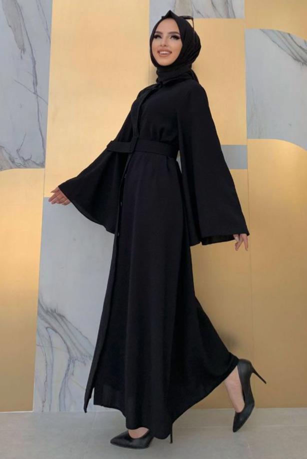 Tesettür giyim SİYAH GENİŞ KOL KEMERLİ DÜZ FERACE T 9867 - TRENDTESETTÜR