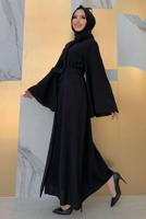 Tesettür giyim SİYAH GENİŞ KOL KEMERLİ DÜZ FERACE T 9867