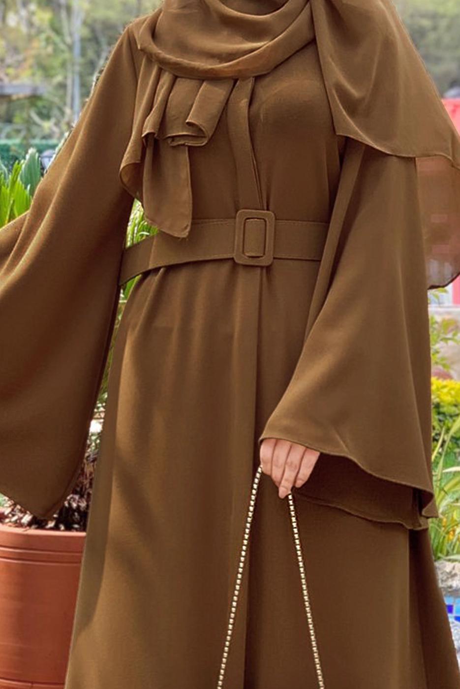 Tesettür giyim TABA GENİŞ KOL KEMERLİ DÜZ FERACE T 9867