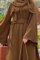 Tesettür giyim TABA GENİŞ KOL KEMERLİ DÜZ FERACE T 9867