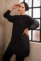 Tesettür giyim SİYAH TAŞ BASKILI İKİLİ PANTOLONLU EŞOFMAN TAKIMI T 0292