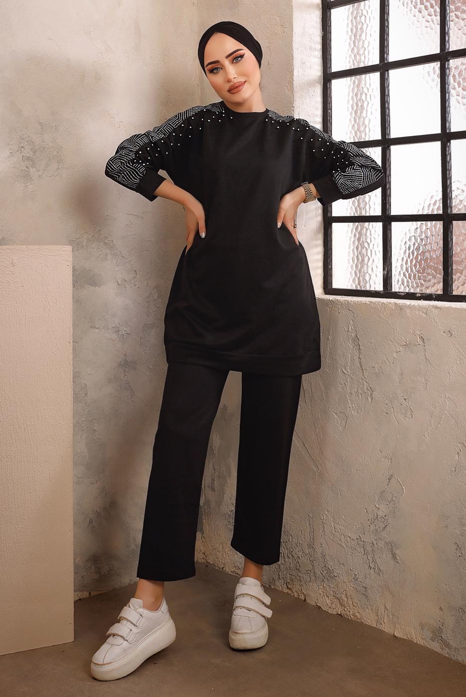 Tesettür giyim SİYAH TAŞ BASKILI İKİLİ PANTOLONLU EŞOFMAN TAKIMI T 0292