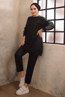 Tesettür giyim SİYAH TAŞ BASKILI İKİLİ PANTOLONLU EŞOFMAN TAKIMI T 0292