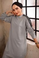 Tesettür giyim GRİ TAŞ BASKILI İKİLİ PANTOLONLU EŞOFMAN TAKIMI T 0292