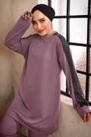 Tesettür giyim MOR TAŞ BASKILI İKİLİ PANTOLONLU EŞOFMAN TAKIMI T 0292