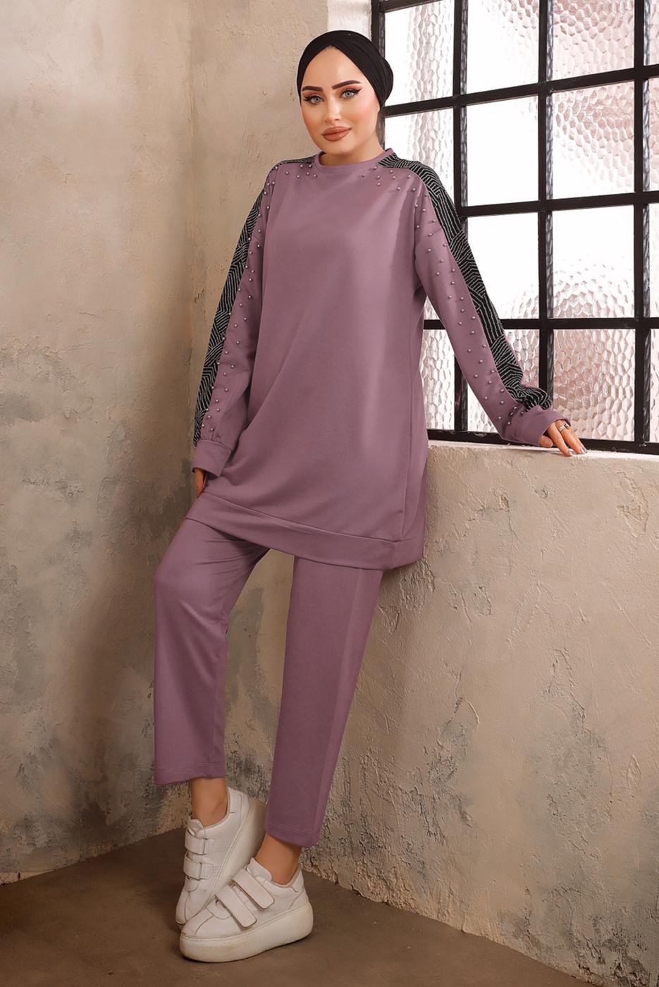 Tesettür giyim MOR TAŞ BASKILI İKİLİ PANTOLONLU EŞOFMAN TAKIMI T 0292