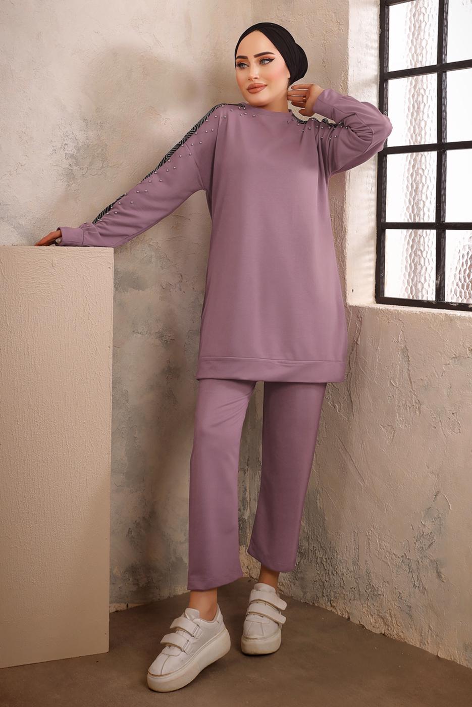 Tesettür giyim MOR TAŞ BASKILI İKİLİ PANTOLONLU EŞOFMAN TAKIMI T 0292