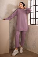 Tesettür giyim MOR TAŞ BASKILI İKİLİ PANTOLONLU EŞOFMAN TAKIMI T 0292