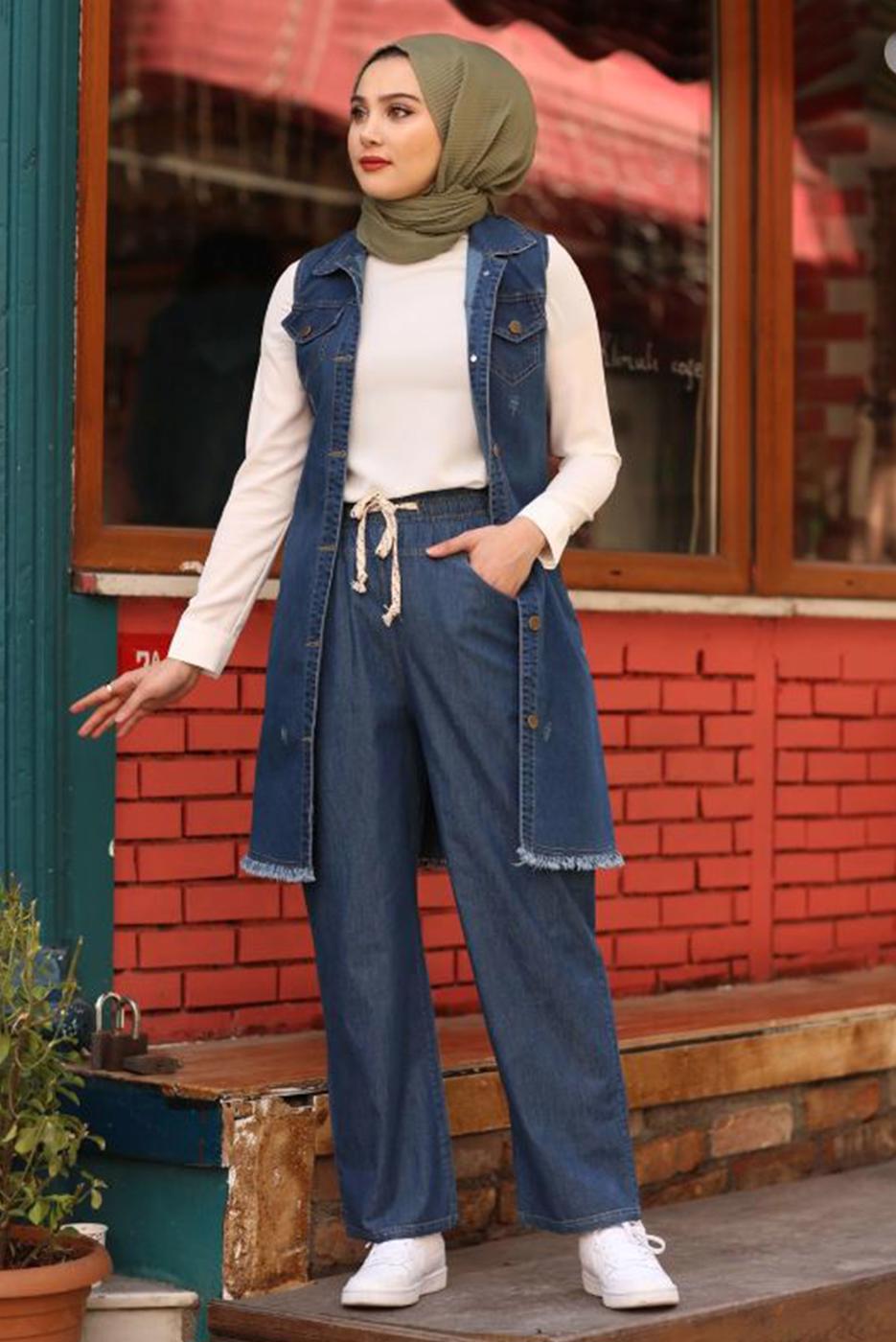 Tesettür giyim MAVİ GENİŞ PAÇA CEPLİ DENİM PANTOLON T 0601