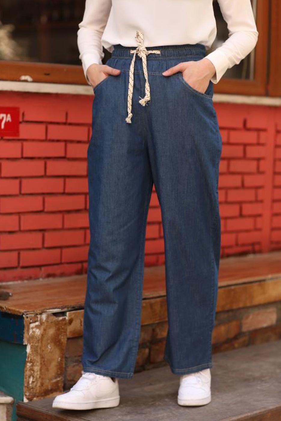 Tesettür giyim MAVİ GENİŞ PAÇA CEPLİ DENİM PANTOLON T 0601