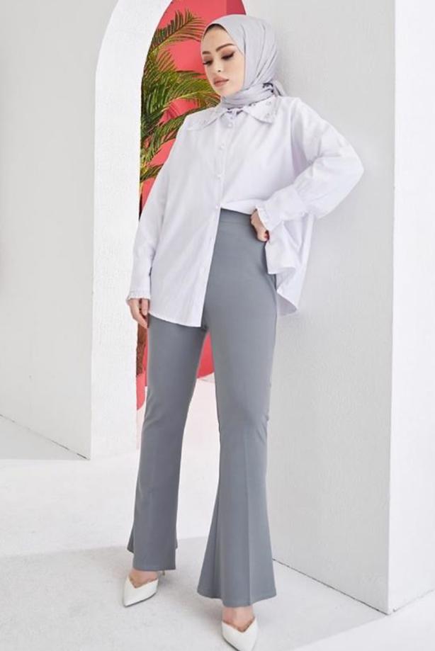 Tesettür giyim GRİ İSPANYOL PAÇA BELİ LASTİKLİ PANTOLON T 602 - TRENDTESETTÜR