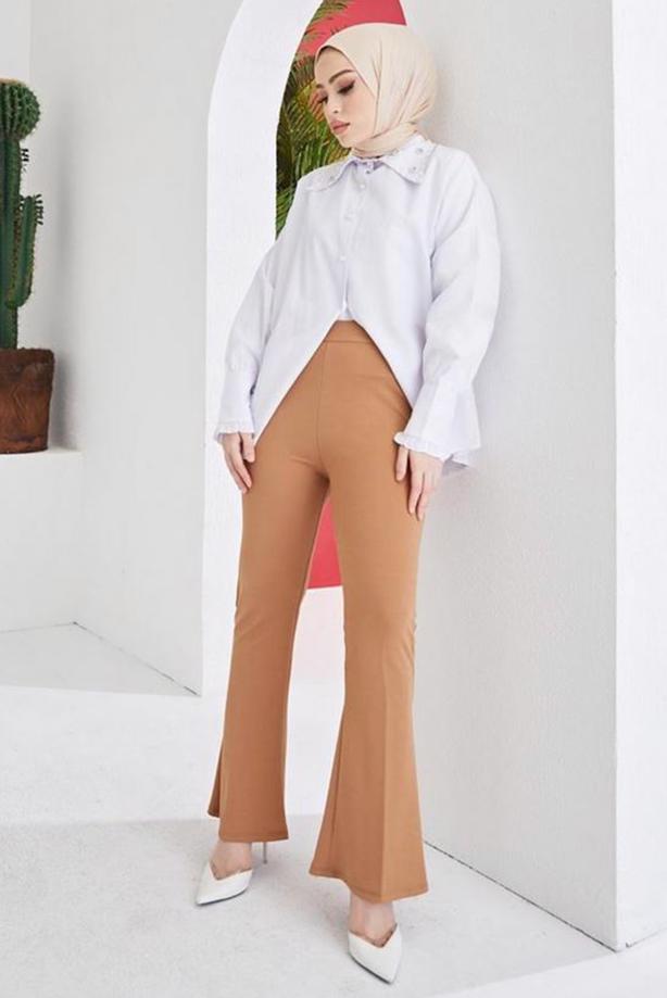 Tesettür giyim KAHVE İSPANYOL PAÇA BELİ LASTİKLİ PANTOLON T 602 - TRENDTESETTÜR