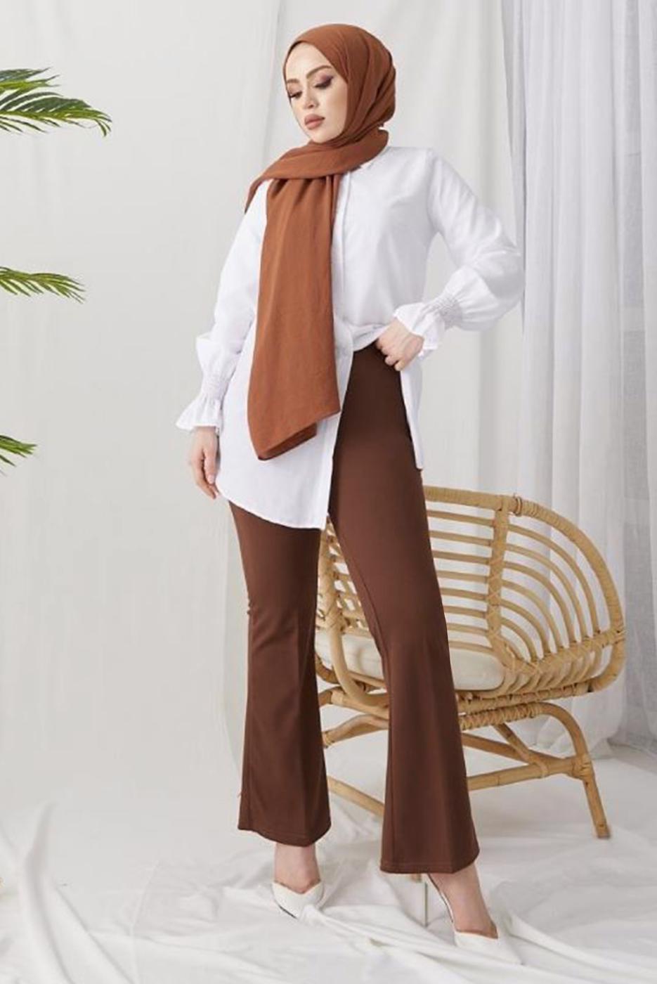 Tesettür giyim KAHVE İSPANYOL PAÇA BELİ LASTİKLİ PANTOLON T 602