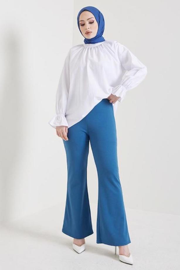 Tesettür giyim LACİVERT İSPANYOL PAÇA BELİ LASTİKLİ PANTOLON T 602 - TRENDTESETTÜR