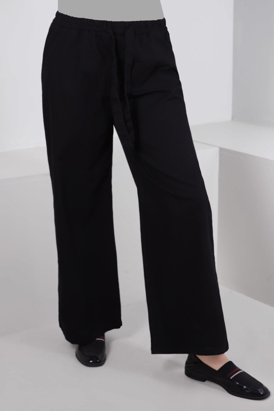 Tesettür giyim SİYAH BELİ BAĞLAMALI GENİŞ PAÇA PANTOLON T 1215