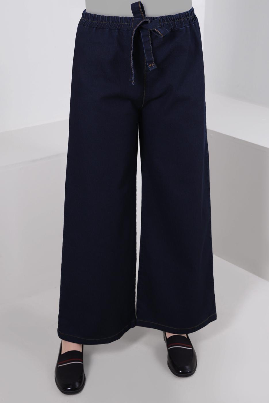 Tesettür giyim LACİVERT BELİ BAĞLAMALI GENİŞ PAÇA PANTOLON T 1215