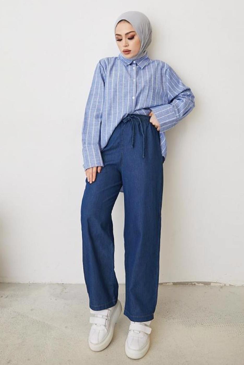 Hijab clothing BLUE ELASTIC WAIST PANTS WITH TIE DETAIL T 2601