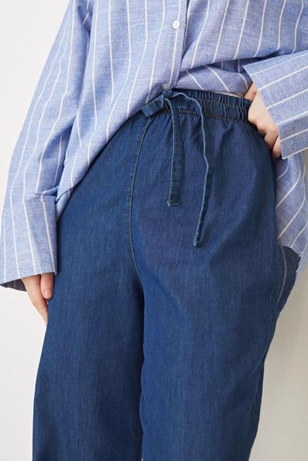 Hijab clothing BLUE ELASTIC WAIST PANTS WITH TIE DETAIL T 2601 - TRENDTESETTÜR