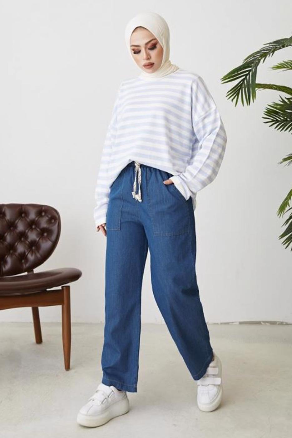 Hijab clothing BLUE POCKET DETAIL TIED PANTS T 3601