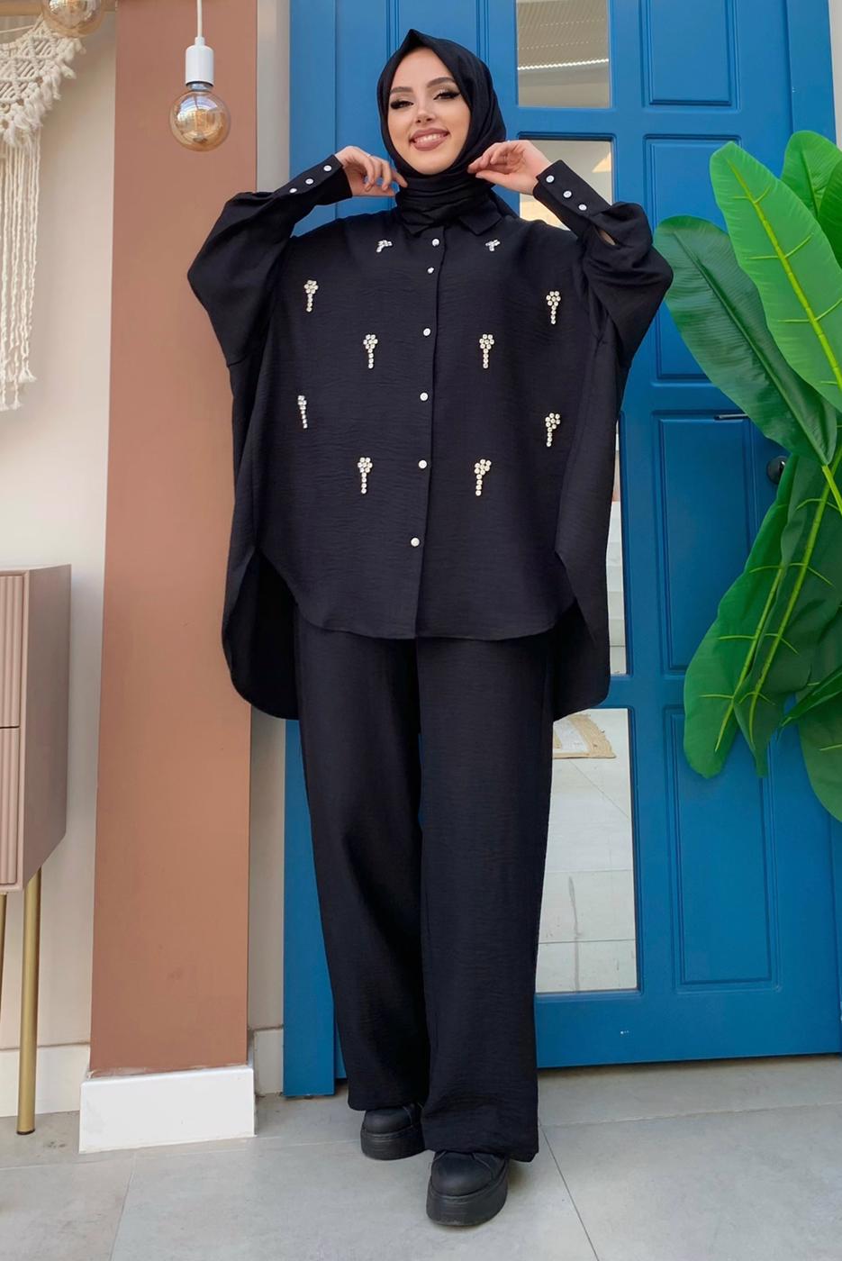Tesettür giyim SİYAH DÜĞME DETAYLI KUŞAKLI GENİŞ PAÇA PANTOLON T 5720