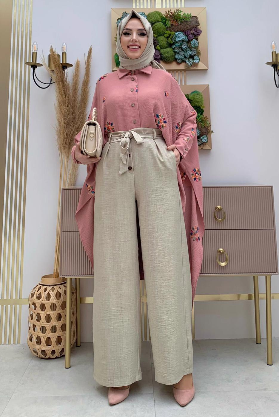 Tesettür giyim VİZON DÜĞME DETAYLI KUŞAKLI GENİŞ PAÇA PANTOLON T 5720