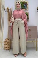 Tesettür giyim VİZON DÜĞME DETAYLI KUŞAKLI GENİŞ PAÇA PANTOLON T 5720