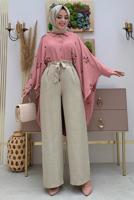 Tesettür giyim VİZON DÜĞME DETAYLI KUŞAKLI GENİŞ PAÇA PANTOLON T 5720