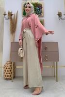 Tesettür giyim VİZON DÜĞME DETAYLI KUŞAKLI GENİŞ PAÇA PANTOLON T 5720