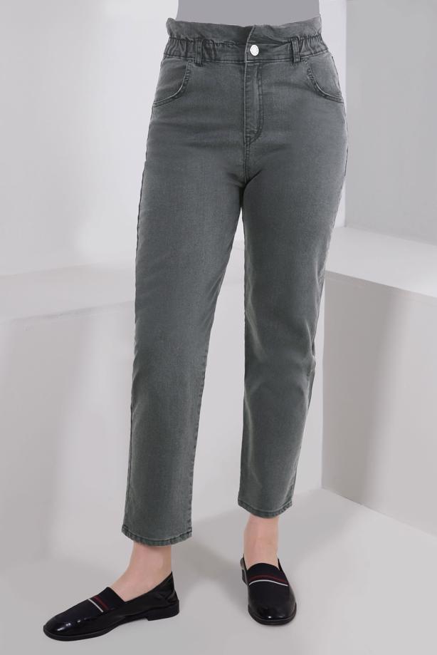 Tesettür giyim GRİ BELİ LASTİKLİ DENİM PANTOLON T 6105 - TRENDTESETTÜR
