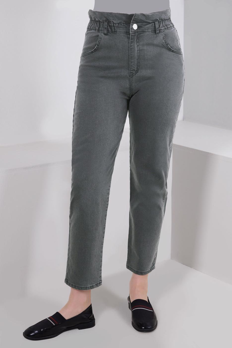 Tesettür giyim GRİ BELİ LASTİKLİ DENİM PANTOLON T 6105