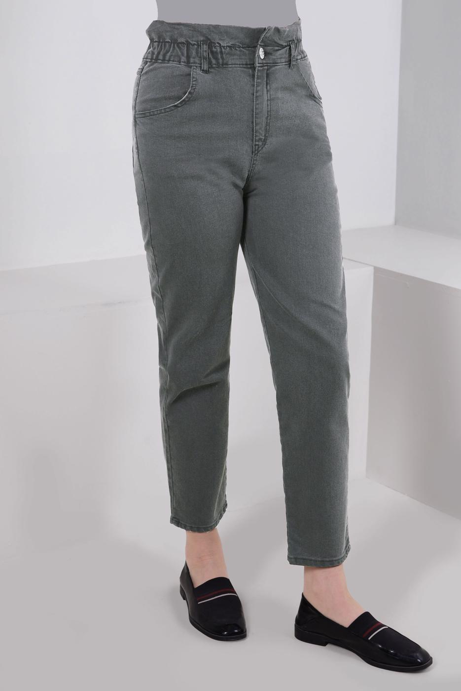 Tesettür giyim GRİ BELİ LASTİKLİ DENİM PANTOLON T 6105