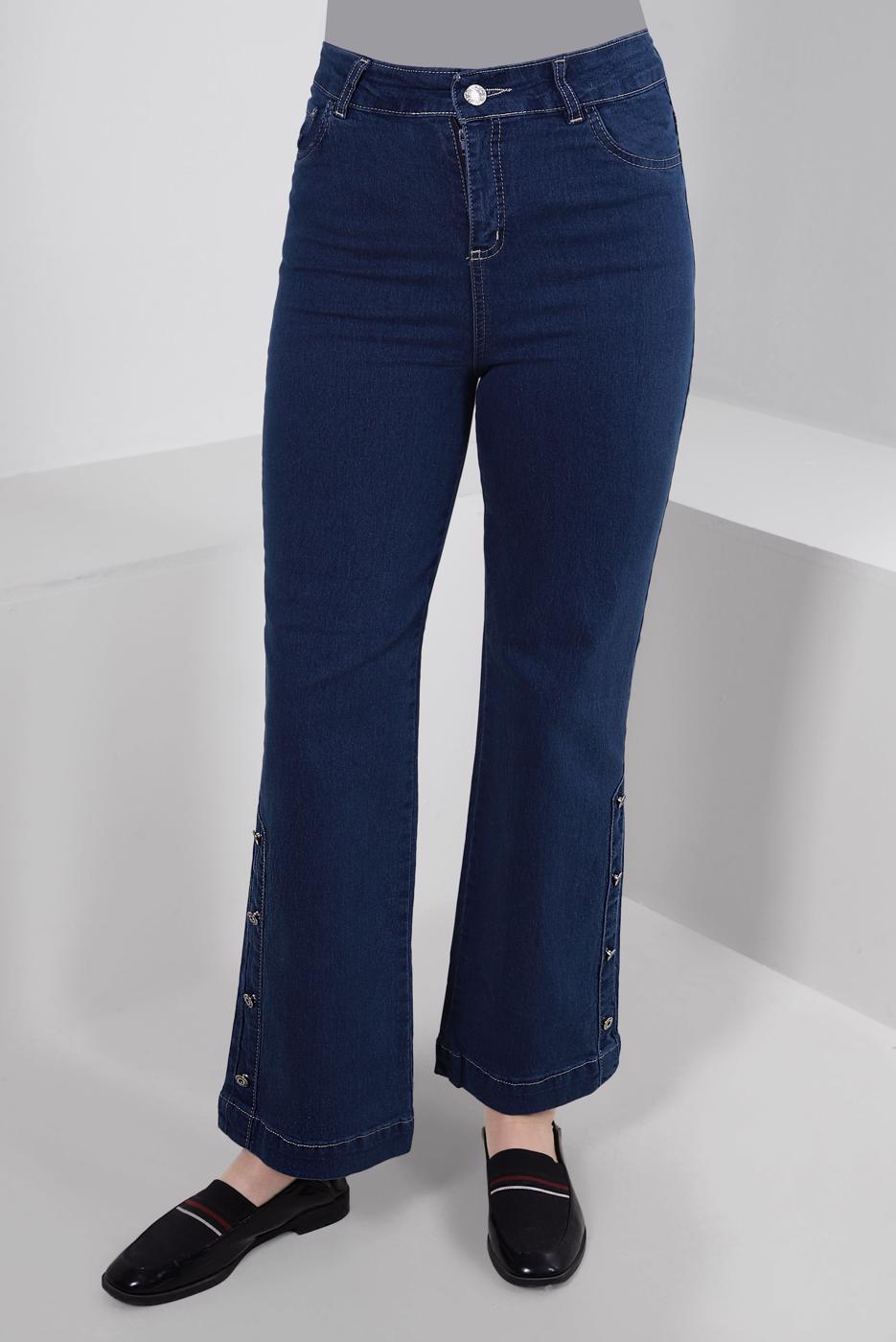 Hijab clothing NAVY BLUE PLUS SIZE BUTTON DETAIL FLARE PANTS T 7505